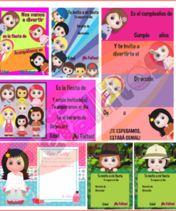 Una colección de coloridas Invitaciones Para Fiesta Niño Y Niña Para Personalizar con niños de dibujos animados con diferentes peinados y atuendos, cada uno de ellos sobre fondos vibrantes con espacios para detalles del evento.