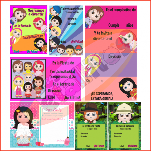 Una colección de coloridas Invitaciones Para Fiesta Niño Y Niña Para Personalizar con niños de dibujos animados con diferentes peinados y atuendos, cada uno de ellos sobre fondos vibrantes con espacios para detalles del evento.