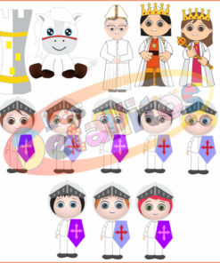 Una ilustración que muestra una variedad de personajes de dibujos animados vestidos con trajes medievales y religiosos, incluidos caballeros, reyes, reinas y obispos, sobre un fondo liso para un juego de Ajedréz Gigante 1,5 X 1,5 Metros.