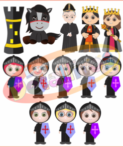 Ilustración de varios personajes de dibujos animados con trajes de temática medieval, incluidos un caballero, un caballo, un sacerdote, un rey, una reina y varios niños vestidos con diferentes atuendos reales y religiosos mientras juegan Ajedréz Gigante 1,5 X 1,5 Metros.