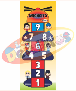 Colorido tapete de juego de rayuela con temática de personajes de dibujos animados sobre un fondo de "Avioncito Para Niños 1x 2.5 Metros", numerados del 1 al 9.