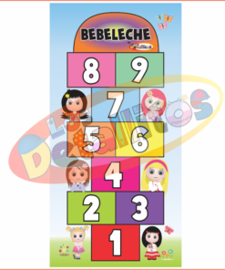 Frase con reemplazo: Tapete de juego colorido Bebeleche Para Niñas 1 X 2 Metros con números del 1 al 9, con personajes de dibujos animados en cada número y un cordero y una niña decorativos en la parte inferior. "BEBELECHE PARA NIÑAS" escrito en la parte superior.