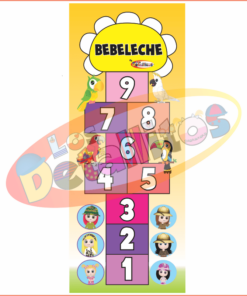 Colorido tapete de juego de rayuela titulado "Bebeleche Para Niñas 1 X 2.5 Metros" con números del 1 al 9, cada cuadrado decorado con diferentes dibujos animados e íconos infantiles, como pájaros y niños disfrazados.