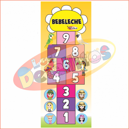 Colorido tapete de juego de rayuela titulado "Bebeleche Para Niñas 1 X 2.5 Metros" con números del 1 al 9, cada cuadrado decorado con diferentes dibujos animados e íconos infantiles, como pájaros y niños disfrazados.