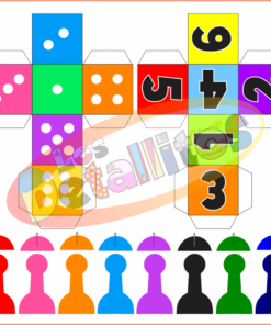 Un colorido diseño de juego Serpientes Y Escaleras Gigante 2x2 Metros con varios elementos que incluyen dados, peones, naipes y puntos de juego, dispuestos en un patrón hexagonal con un marcador de puntuación en la parte inferior.
