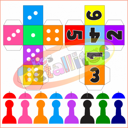 Un colorido diseño de juego Serpientes Y Escaleras Gigante 2x2 Metros con varios elementos que incluyen dados, peones, naipes y puntos de juego, dispuestos en un patrón hexagonal con un marcador de puntuación en la parte inferior.