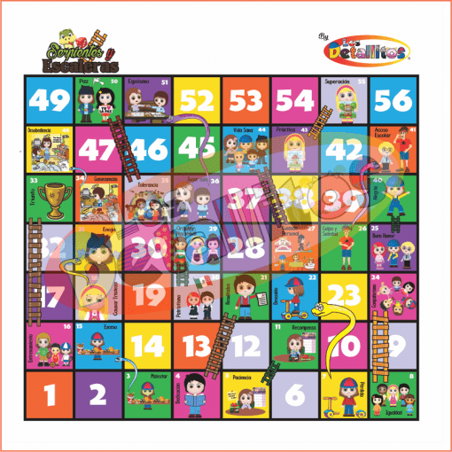 Colorido tablero de juego "Serpientes y Escaleras Gigante 2x2 Metros" con números del 1 al 56 con vibrantes ilustraciones de personajes de dibujos animados en cada cuadrado, escaleras y serpientes por todas partes.