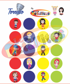 Colorida ilustración de un juego de mesa con personajes de dibujos animados y puntos vibrantes, con una imagen central denominada 