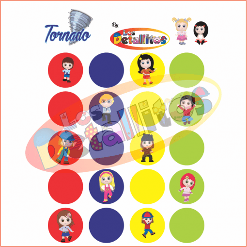 Colorida ilustración de un juego de mesa con personajes de dibujos animados y puntos vibrantes, con una imagen central denominada "Tornado Gigante De 1.20x1.50 Metros" de "Los Detallitos".