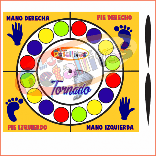 Un colorido tapete de juego Twister con texto en español para "mano derecha", "mano izquierda", "pie derecho" y "pie izquierdo". El círculo central muestra imágenes de útiles escolares con el texto “Tornado Gigante De 1.40 x 2 Metros”.