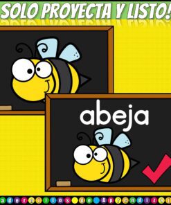 Dos pizarras de tiza con una abeja de dibujos animados; la pizarra superior muestra sólo la abeja, mientras que la inferior muestra la abeja con la palabra 