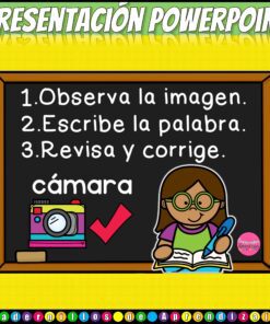 Una colorida ilustración muestra una pizarra con pasos: 1. Observa la imagen. 2. Escribe la palabra. 3. Revisa y corrige. También se muestran la palabra 