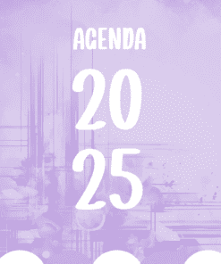 Un gráfico morado con texto blanco que dice "Agenda 2025" en letras grandes, con patrones y formas abstractas en el fondo.