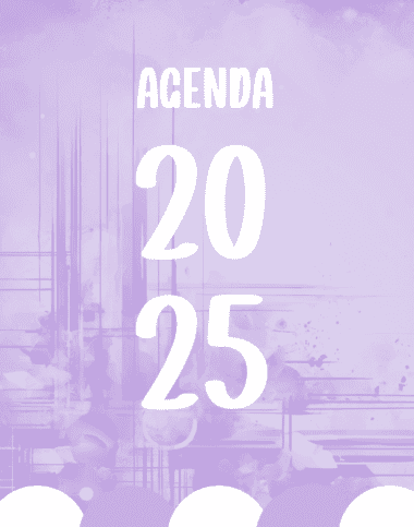 Un gráfico morado con texto blanco que dice "Agenda 2025" en letras grandes, con patrones y formas abstractas en el fondo.