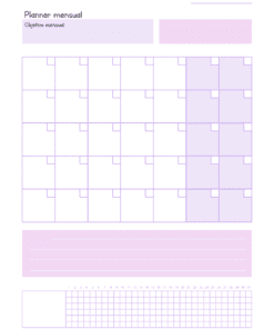 Página de planificación mensual en color morado y blanco con diseño de cuadrícula, titulada 