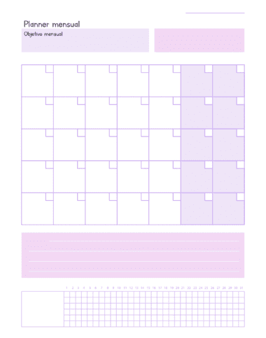 Página de planificación mensual en color morado y blanco con diseño de cuadrícula, titulada "Planificador mensual" y "Objetivo mensual". Incluye secciones para notas y una descripción mensual horizontal con días numerados del 1 al 31.