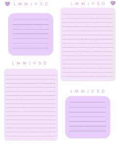 Una página de planificación con cuatro secciones, cada una etiquetada con los días de la semana (LMMJVSD) en la parte superior. Las secciones son de color violeta claro con líneas para escribir. Hay un ícono de corazón en las esquinas superiores de la página.