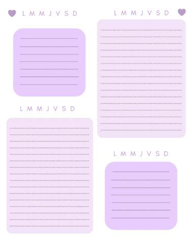 Una página de planificación con cuatro secciones, cada una etiquetada con los días de la semana (LMMJVSD) en la parte superior. Las secciones son de color violeta claro con líneas para escribir. Hay un ícono de corazón en las esquinas superiores de la página.