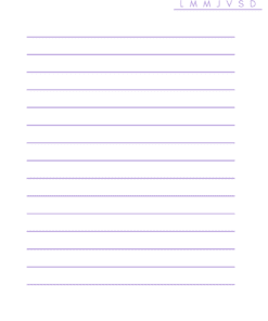Una página minimalista de cuaderno con líneas horizontales de color violeta. En la esquina superior derecha están impresas las iniciales LMMJVSD en violeta, que representan los días de la semana. El resto de la parte superior de la página está vacía y en blanco.