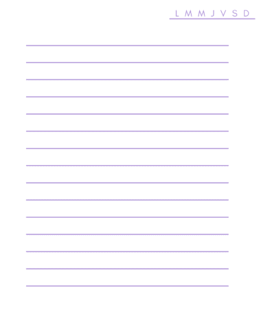 Una página minimalista de cuaderno con líneas horizontales de color violeta. En la esquina superior derecha están impresas las iniciales LMMJVSD en violeta, que representan los días de la semana. El resto de la parte superior de la página está vacía y en blanco.