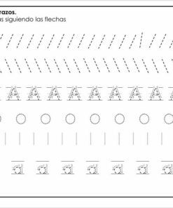 Hoja de ejercicios con líneas y formas de práctica: la primera fila tiene líneas diagonales, la segunda fila tiene la letra 