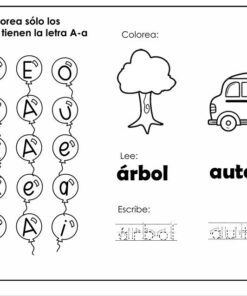 Hoja de ejercicios en español para niños con globos que muestran diferentes letras; las instrucciones piden colorear los globos con 