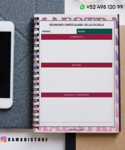 Un cuaderno de espiral abierto que muestra una plantilla de notas de reunión en español, colocada sobre un escritorio junto a un smartphone. La plantilla incluye secciones para fecha, orden del día, notas y acuerdos.