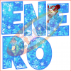 Imagen que muestra la palabra "ENERO", que significa enero en español, decorada con motivos invernales como copos de nieve y patrones de hielo como parte de un Paquete Decoración Salón ENERO. Hay un oso de dibujos animados con un gorro de invierno dentro de la letra "E.