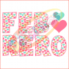 Gráfico colorido de la palabra "FEBRERO" (febrero en español), con cada letra llena de diferentes corazones estampados sobre un fondo claro y un gran corazón degradado superpuesto al texto en el lado derecho como un Súper Paquete Decoración FEBRERO único.