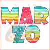 Letras coloridas que dicen "Letras Marzo Modelo1" con cada letra llena de rayas vibrantes y patrones florales, sobre un fondo blanco liso.