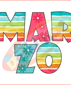 Letras coloridas que dicen "Letras Marzo Modelo1" con cada letra llena de rayas vibrantes y patrones florales, sobre un fondo blanco liso.