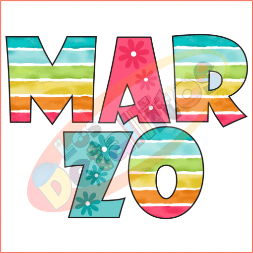 Letras coloridas que dicen "Letras Marzo Modelo1" con cada letra llena de rayas vibrantes y patrones florales, sobre un fondo blanco liso.
