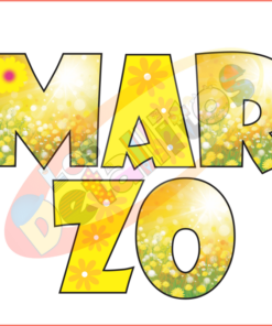 La imagen muestra Letras Marzo Modelo 2 con letras llamativas y coloridas llenas de imágenes vibrantes con temas primaverales que incluyen flores, sol y vegetación.