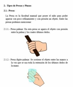 Manual de Herramientas Pedagógicas para Niños con Autismo que muestra posiciones de las manos para diferentes tipos de agarre, incluida una presión completa con la palma y un agarre con la punta de los dedos, demostrado con un lápiz y áreas resaltadas en un dibujo a mano. Un texto descriptivo en español explica cada técnica, diseñado para personas con autismo.