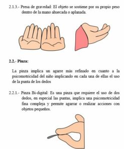 Ilustraciones de tipos de agarre manual en un documento: la imagen superior muestra dos manos usando un agarre por gravedad sobre un objeto, la imagen del medio muestra un agarre de precisión con dedos diseñado para ayudar a las personas con autismo a comprender y la imagen inferior muestra un zapato de tacón alto como Ejemplo de uso de agarre de precisión en el 