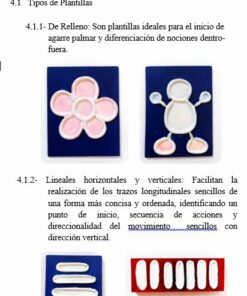 La imagen muestra cuatro tipos de plantillas que representan varios patrones: círculos con muescas, figuras que se asemejan a humanos abstractos, arreglos de líneas rectas y un diseño de bucle influenciado por conceptos de los estudios del Manual de Herramientas Pedagógicas para Niños con Autismo. Todos están sobre un fondo blanco.