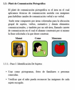 Una página del Manual de Herramientas Pedagógicas para Niños con Autismo en español sobre comunicación pictográfica para personas con autismo, que incluye secciones de texto, una foto de una mujer con la etiqueta 