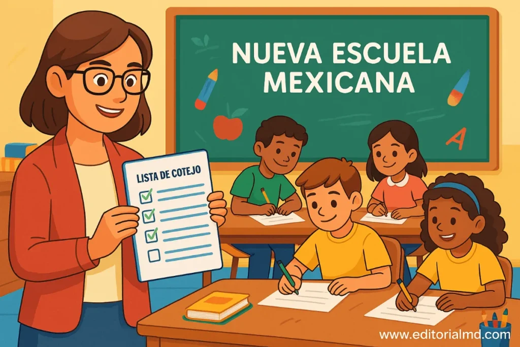 Ilustración de un profesor sonriente sosteniendo una Lista de Cotejo en un aula con cuatro alumnos diversos escribiendo en sus pupitres. En la pizarra detrás de ellos se lee "Nueva Escuela Mexicana".
