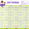 Una colorida hoja de asistencia al aula para septiembre, que incluye días y fechas con caras emoji para marcar la asistencia. Los campos para 