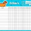 Imagen de una colorida hoja de asistencia a clase para octubre, adornada con un perro salchicha de dibujos animados en un pan de hot dog, un fondo azul brillante con garabatos relacionados con la escuela y campos para los nombres y fechas de los estudiantes.