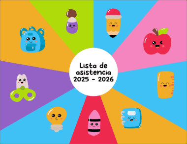 Rueda de colores con simpáticos dibujos animados de material escolar, como una mochila, un lápiz, una manzana, una regla, unas tijeras, una bombilla, una goma de borrar y un cuaderno, rodeando un círculo central blanco con el texto "Lista de asistencia 2025 - 2026".