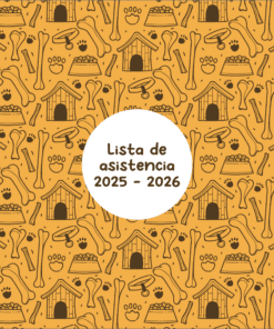 Fondo amarillo con un dibujo de casetas de perro, huesos, huellas de patas y comederos. En el centro, un círculo blanco contiene el texto 