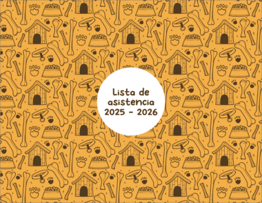 Fondo amarillo con un dibujo de casetas de perro, huesos, huellas de patas y comederos. En el centro, un círculo blanco contiene el texto "Lista de asistencia 2025 - 2026" en letras oscuras.