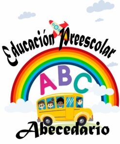Ilustración de una colorida escena escolar que representa un autobús amarillo que transporta niños felices debajo de un arco iris con las letras "abc". Arriba, un cohete sobrevuela las palabras "Abecedario para niños Ilustrado a color para imprimir".