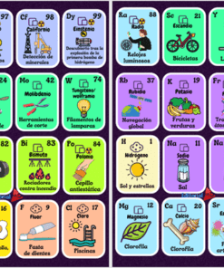 Ilustración de una tabla periódica ficticia con elementos representados por letras e iconos, como bicicletas, estrellas o un cepillo de dientes. Cada elemento tiene un color, símbolo e imagen únicos, que evocan diversos usos y objetos.