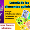 Un colorido cartel educativo titulado "Lotería de los elementos químicos" muestra cartones de bingo con temas de química y elementos como Cf y Xe. Incluye iconos de laboratorio y el texto "Incluye: 40 Tablas de loteria Tarjetas de los elementos.