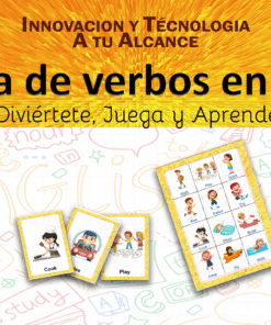 Un colorido póster de juego educativo titulado "Lotería de verbos en Inglés". Presenta tarjetas de verbos ilustradas, el logotipo de Byte y divertidos garabatos de fondo. El texto fomenta la diversión y el aprendizaje a través del juego.
