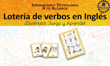 Un colorido póster de juego educativo titulado "Lotería de verbos en Inglés". Presenta tarjetas de verbos ilustradas, el logotipo de Byte y divertidos garabatos de fondo. El texto fomenta la diversión y el aprendizaje a través del juego.