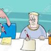 Ilustración de seis personajes de dibujos animados diversos sentados en fila, cada uno con diferentes expresiones y peinados, escribiendo en papeles sobre escritorios en un salón de clases o en un entorno de exámenes.