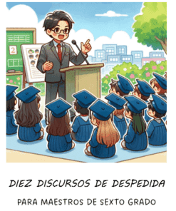 Un profesor trajeado da un discurso de despedida en un podio a un grupo de alumnos de sexto curso con togas y birretes azules de graduación, sentados al aire libre. Al fondo, una pizarra y árboles.